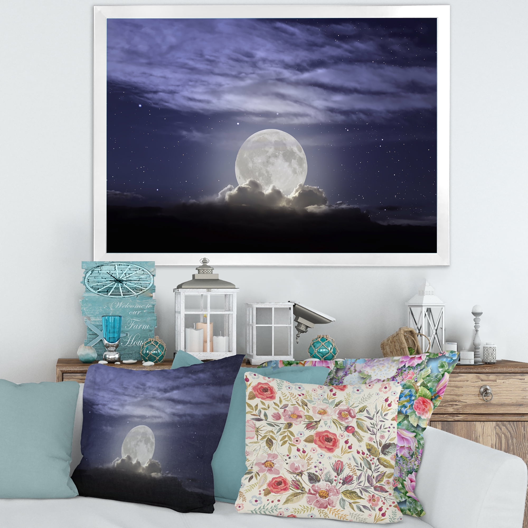 Designart 'Full Moon Rising In A Cloudy Night Sky' Nautical & Coastal Framed Art Print