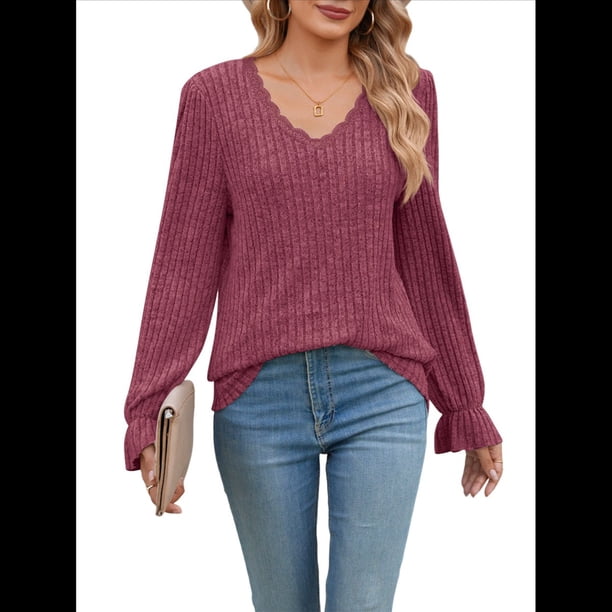 Blusas de Larga para Mujer, Holgadas, Elegantes, con Encaje y Cuello en V, Informales y A para Otoño Rojo Púrpura S