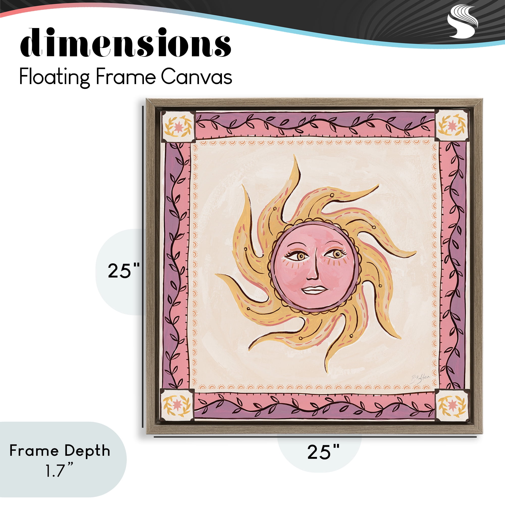 Stupell Industries Pink Sun Face with Leaf Border Brown Framed Floater Canvas Wall Art, design by Two If By Sea Studios