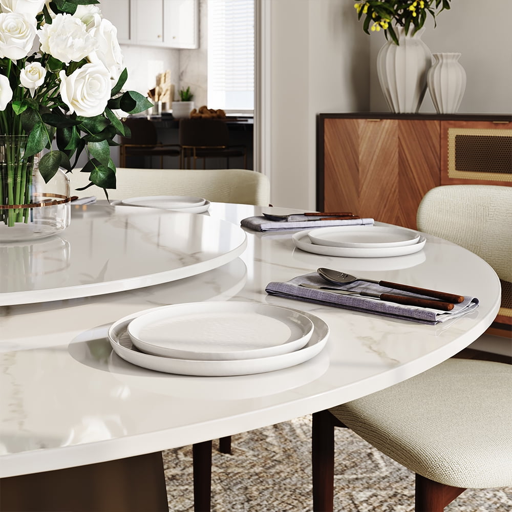POVISON 51" Modern White Round Dining Table with Lazy Susan for 4-6, Tempered Glass Tabletop,Carbon Steel Base