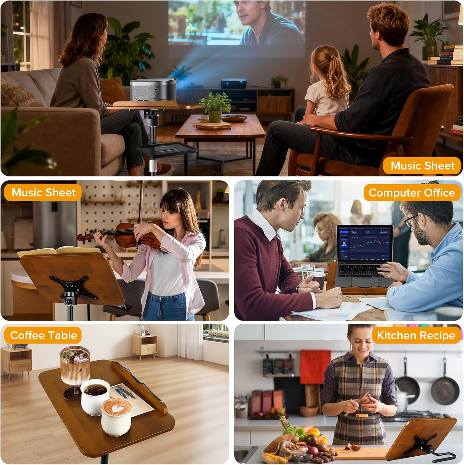 2-in-1 Dual-use Floor & Desktop Book Stand, Heavy Duty Wooden Music Stand with Adjustable Height from 16.5" to 51", Book Holder with Elastic Page Clips & Tray for Cookbook,Magazine,Laptop, Projector