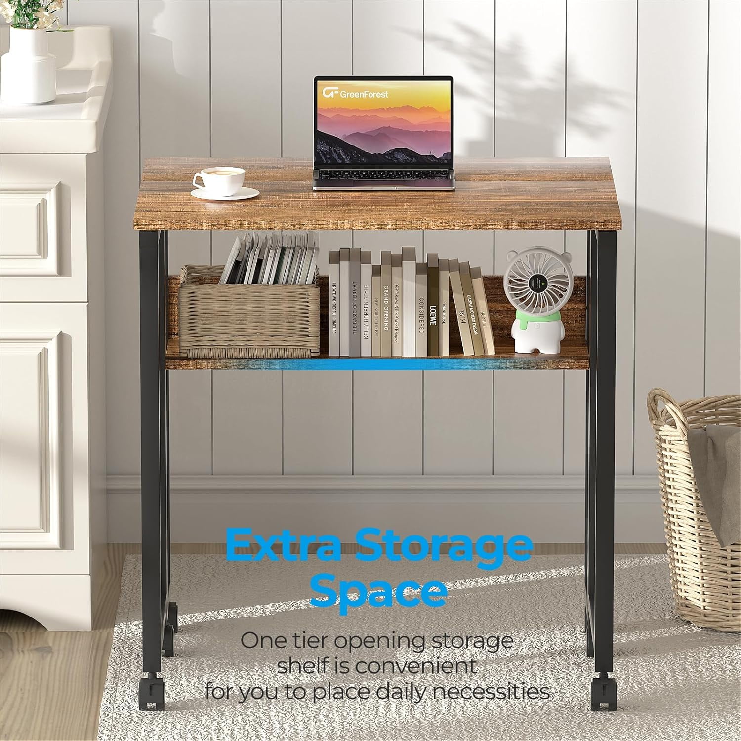Folding Desk Small Rolling Desk with Storage Shelf, 24.8 inch Foldable Computer Desk with Wheels for Small Space, Easy Assembly,Walnut