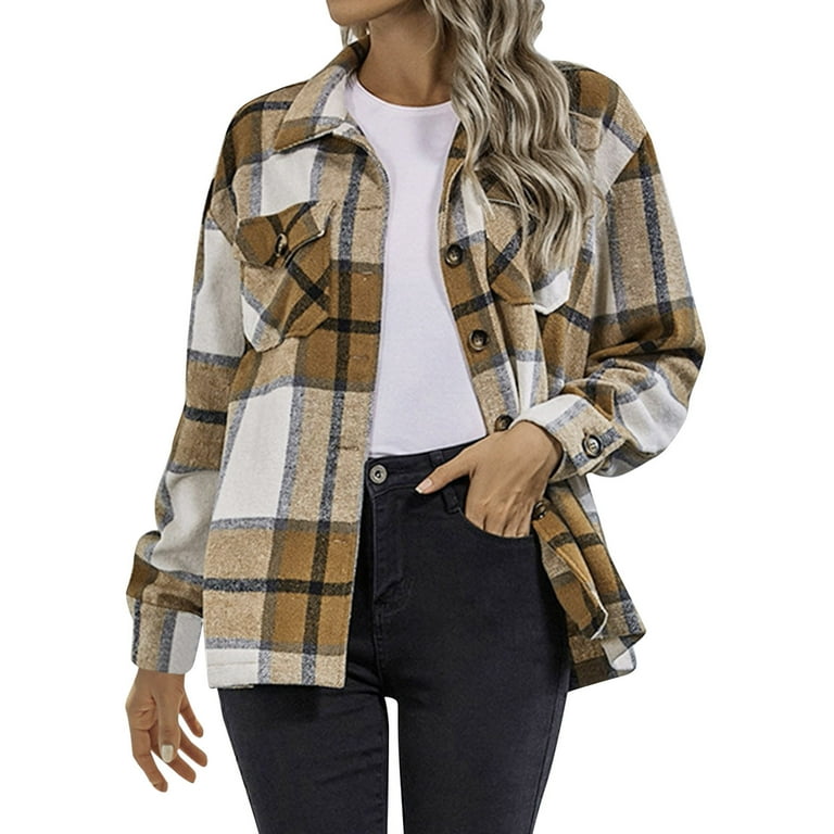 HSMQHJWE Cute Jackets For Women Junior Anorak Jacket Womens Fashion Autumn And Winter Woolen Lapel Shirt Loose Plaid Jacket Quilted Coats For Women