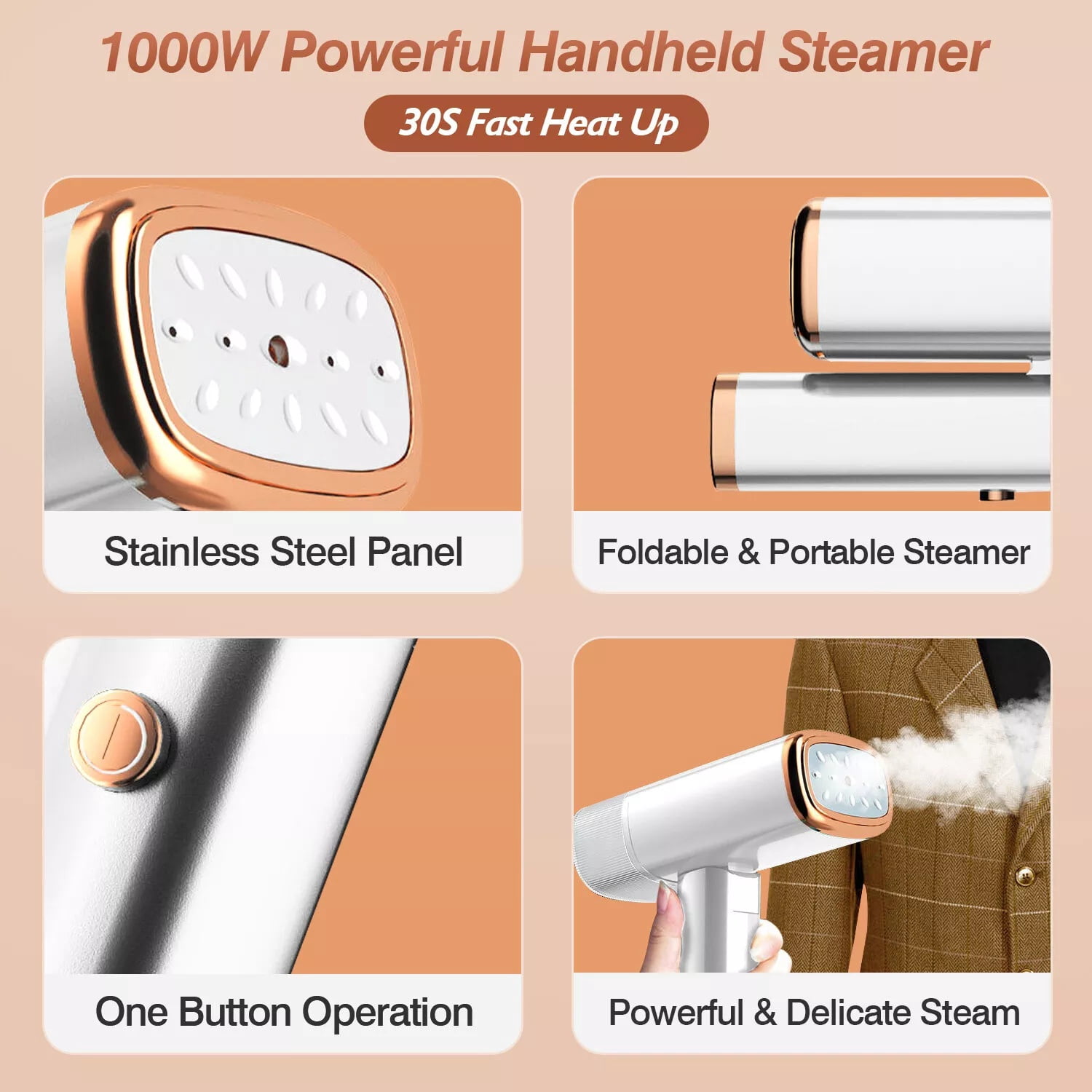 Portable Handheld Garment Steamer 1000W, Foldable Clothing Wrinkles Remover with 120ML Water Tank, 20s Fast Heat-up, Mini Steam Iron with Horizontal & Vertical Steaming for Travel Home Office