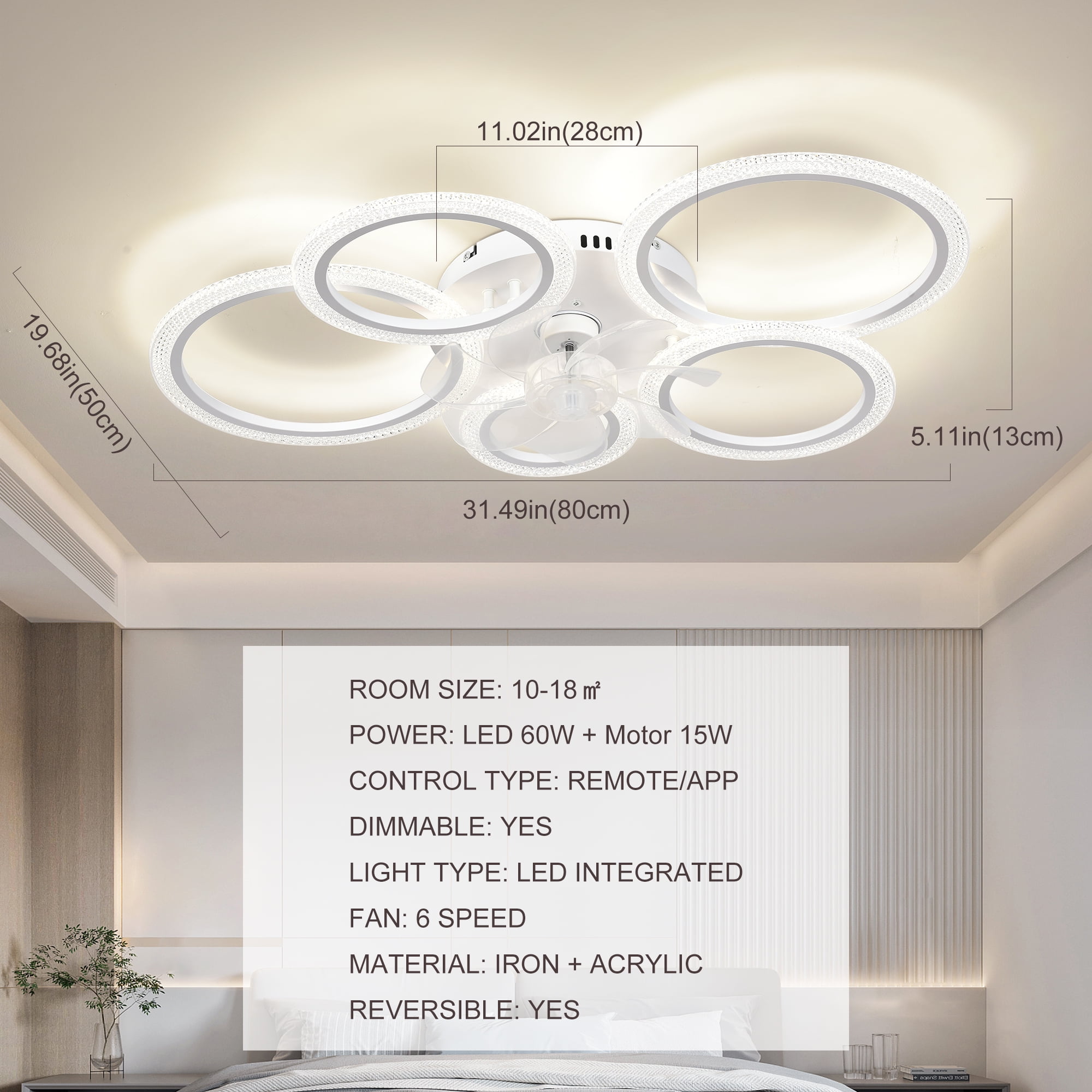 Garwarm 31.49 in. Modern Bubble Ceiling Fan with Lights, 5-Ring Low Profile Flush Mount Fan Light with Remote Control, 3 Color Temperatures, 6 Speeds for Living Room