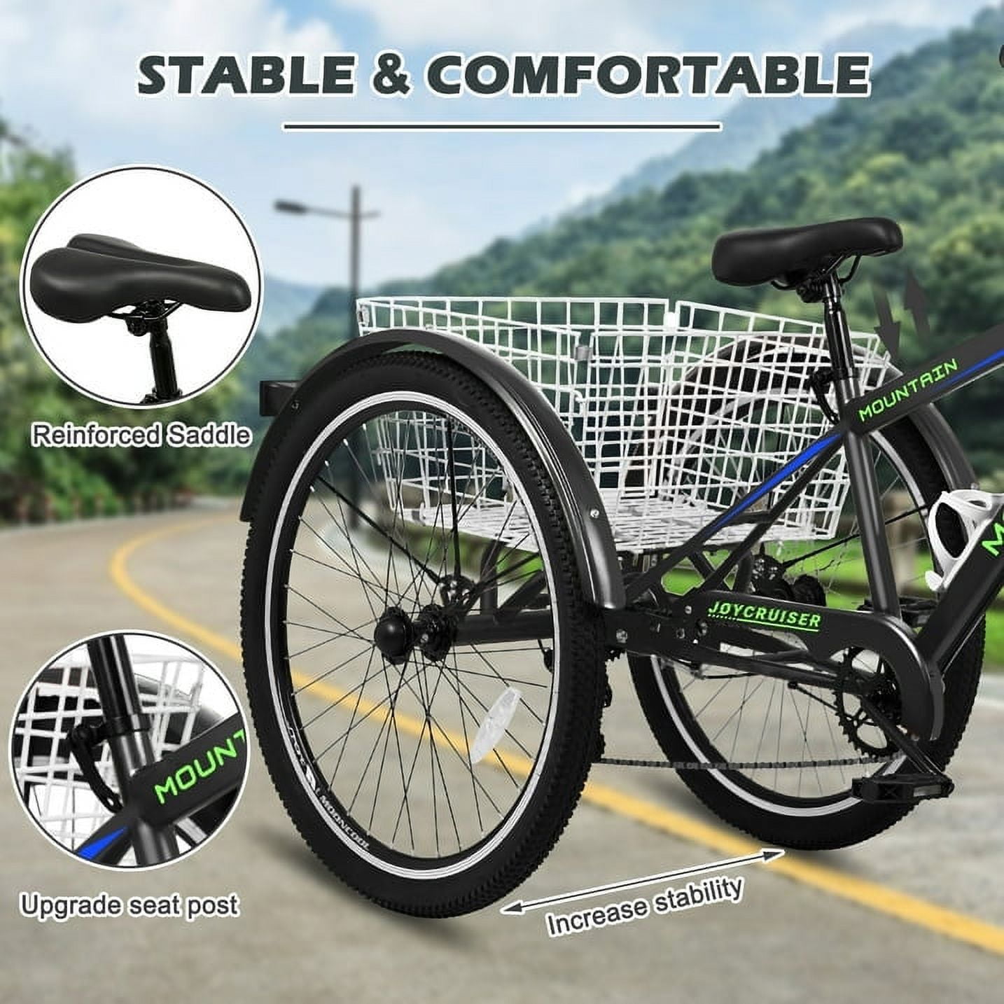 ABORON 24/26/27.5 Inch Adult Mountain Tricycle, 7-Speed Three Wheel Bike with Basket, Black