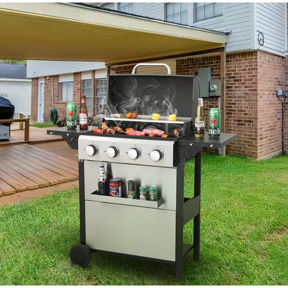 Enyopro 4 Burner Gas Grill, 37000 BTU Propane Gas Grill with 2 Universal Wheels, BBQ Grill for Outdoor Patio Camping