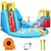 Qhomic Inflatable Water Slide with Blower , Water Park with 2 Water Guns, Children's Indoor/Outdoor Inflatable Bounce House with Double Slide, Climbing Wall, Ball Pool, Shooting, for 3-12 Years Old