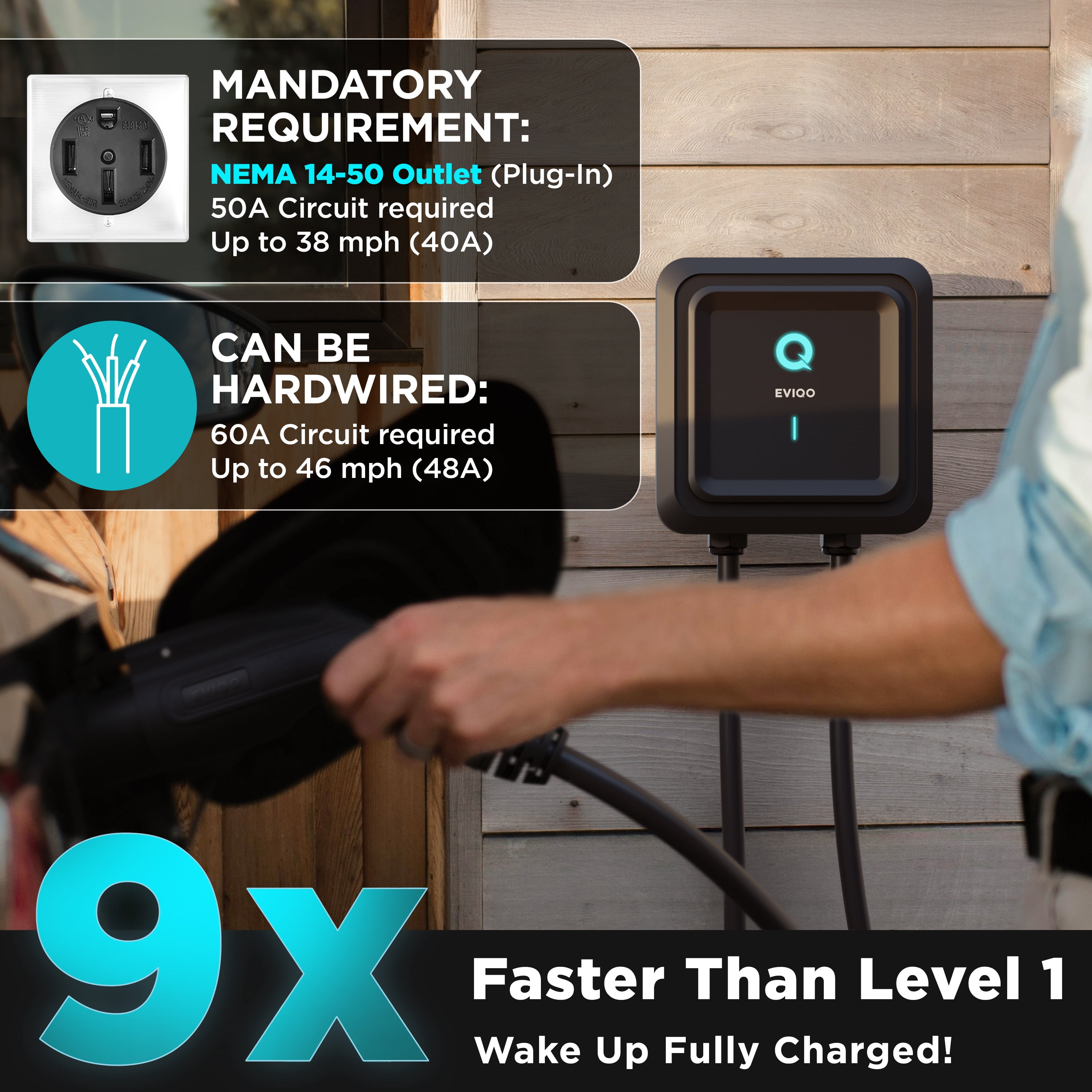 EVIQO Level 2 EV Charger - 48 Amp, NEMA 14-50, 240V J1772, 25' Cord, Certified