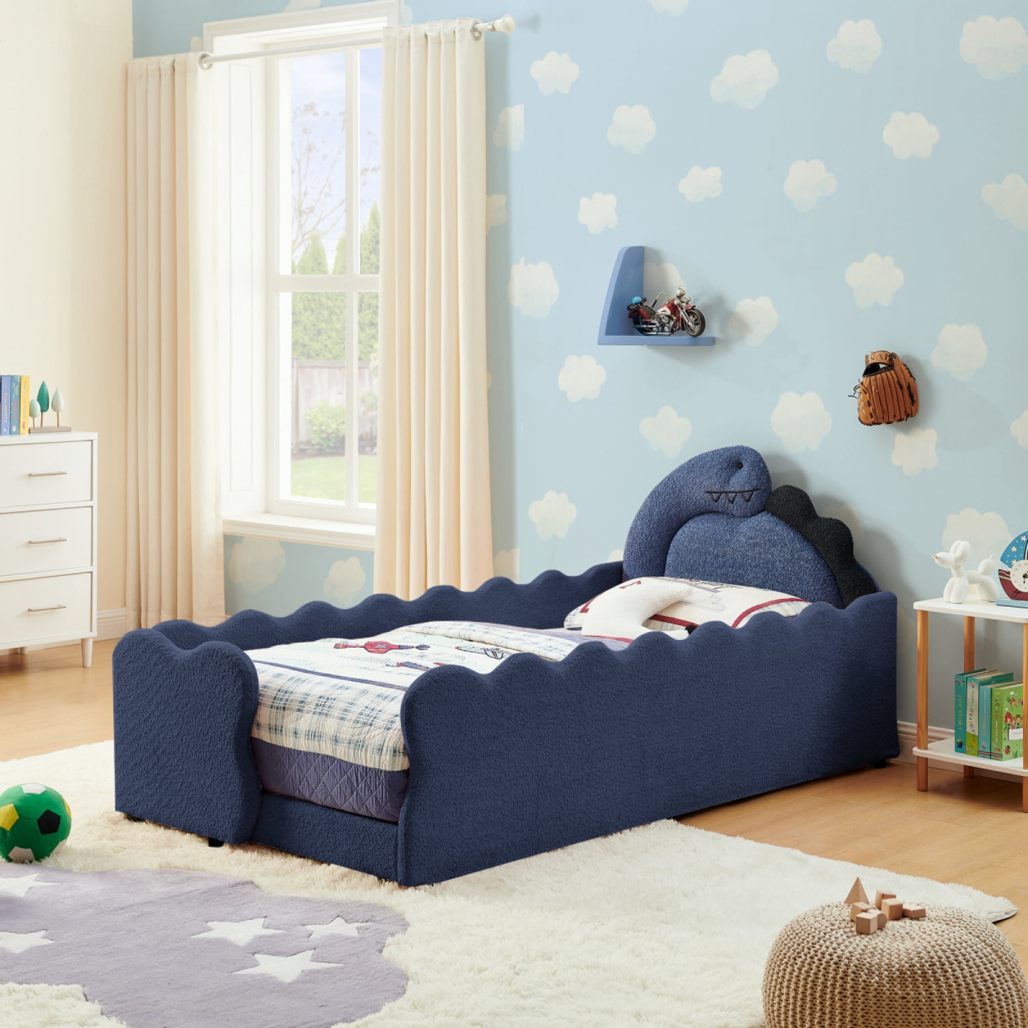 ChenyueFurn Twin Size Cute Dinosaur Bed, Navy Blue