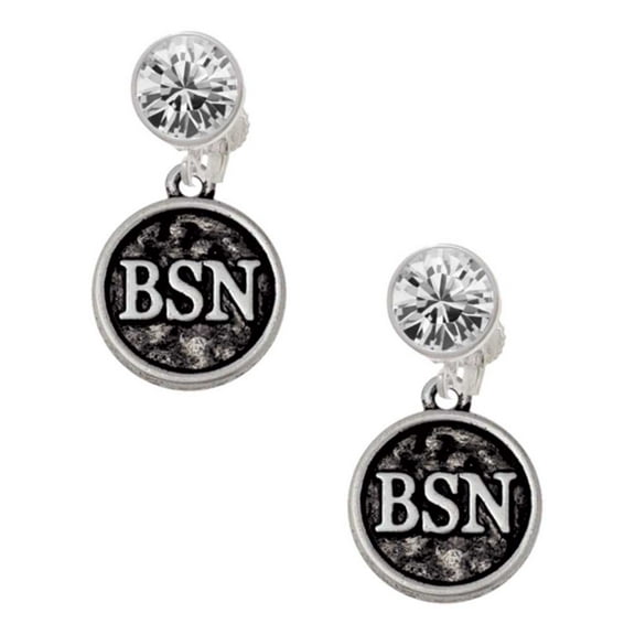 Silvertone Nurse Caduceus Seal - BSN Clear Crystal Clip On Earrings