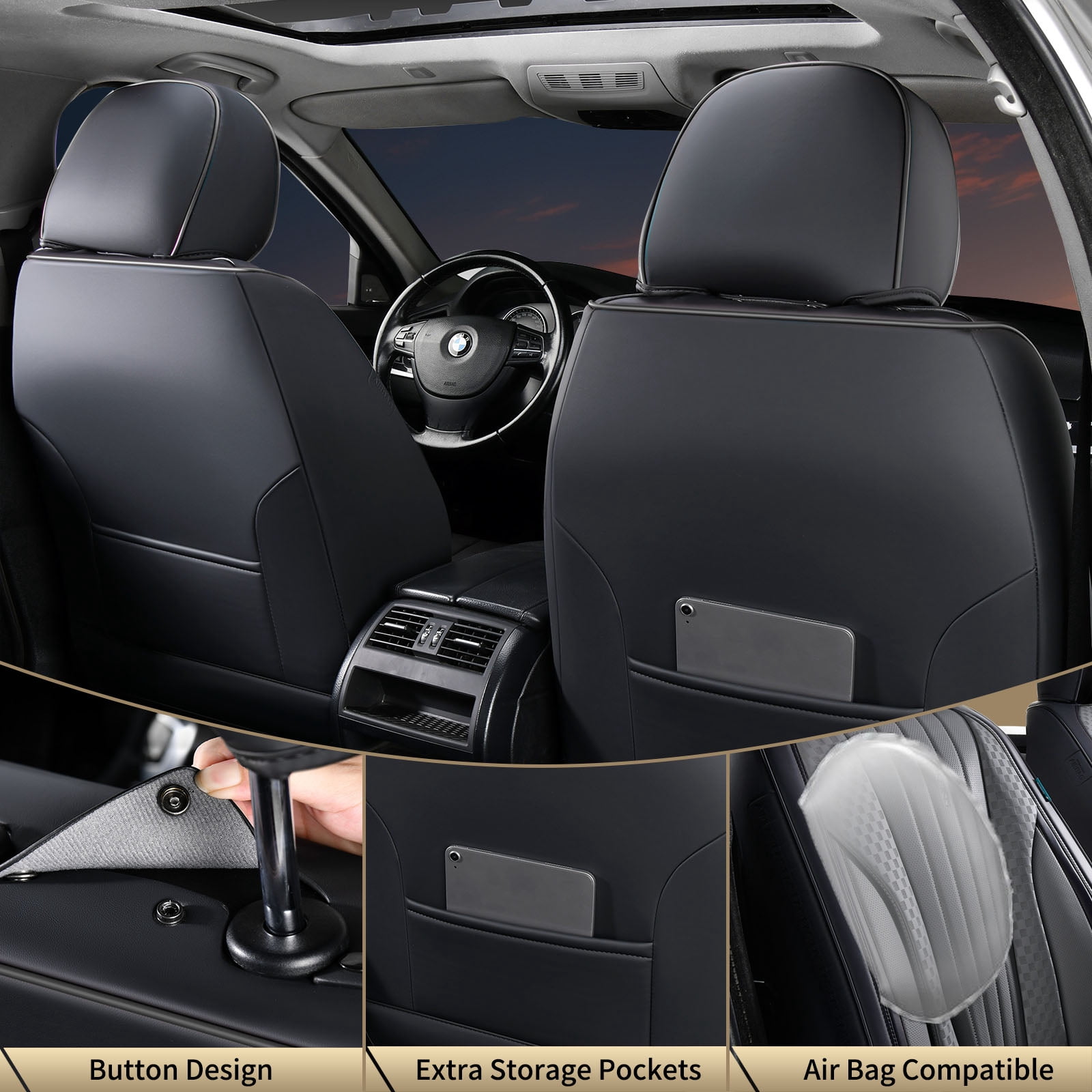 FLORICH Car Seat Covers, 5 Seats Waterproof Faux Leather Seat Cushions, Auto Protectors Universal Fit Most Cars, Black&Gray