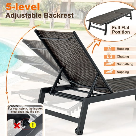 Spaco Patio Lounge Chair, Patio PE Rattan Chaise Lounge with 5-Level Backrest and Wheels-Brown