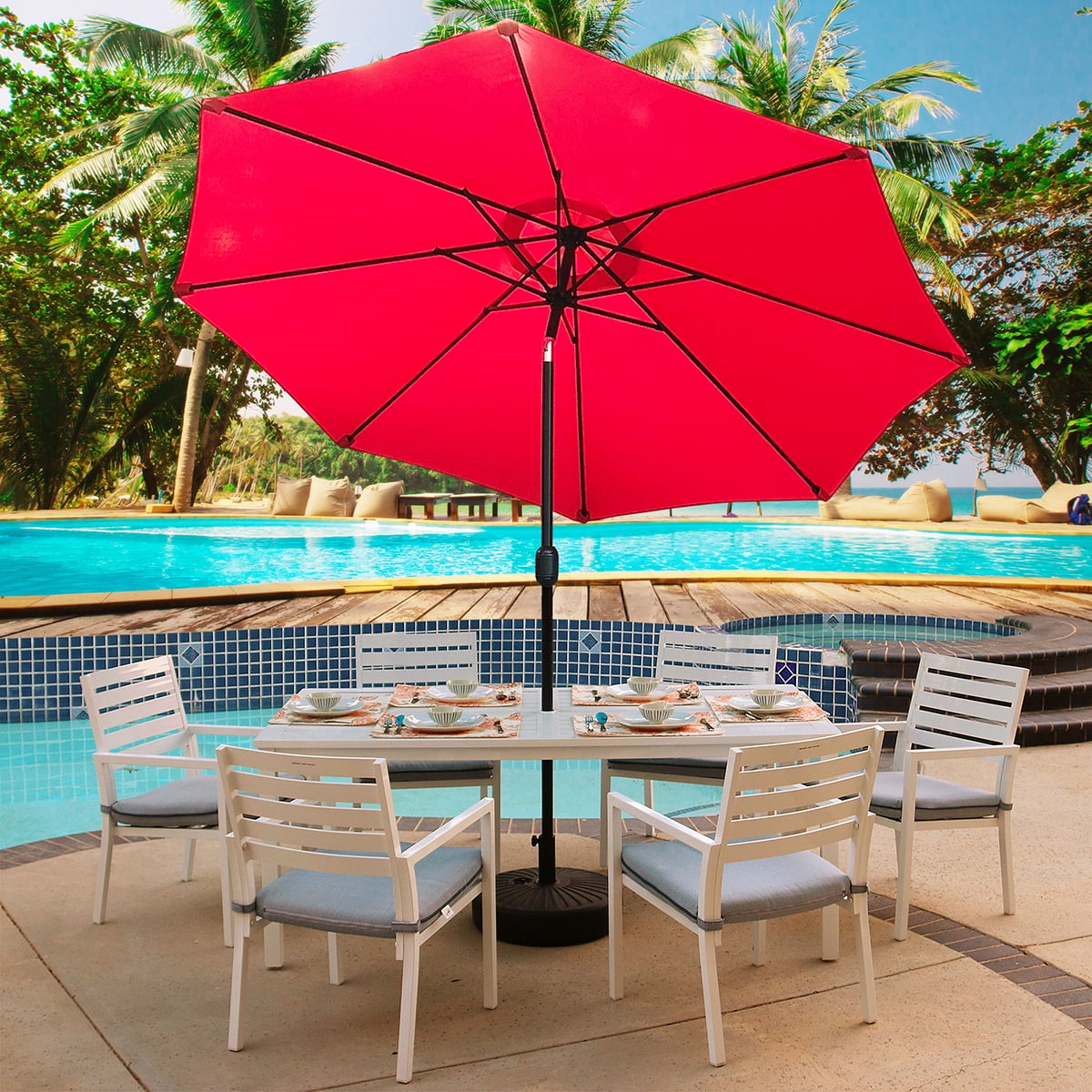 Kool Outdoor 9ft Patio Umbrella with Crank Handle and Push Button Tilt, Outdoor Market Umbrella with 8 Ribs - Red