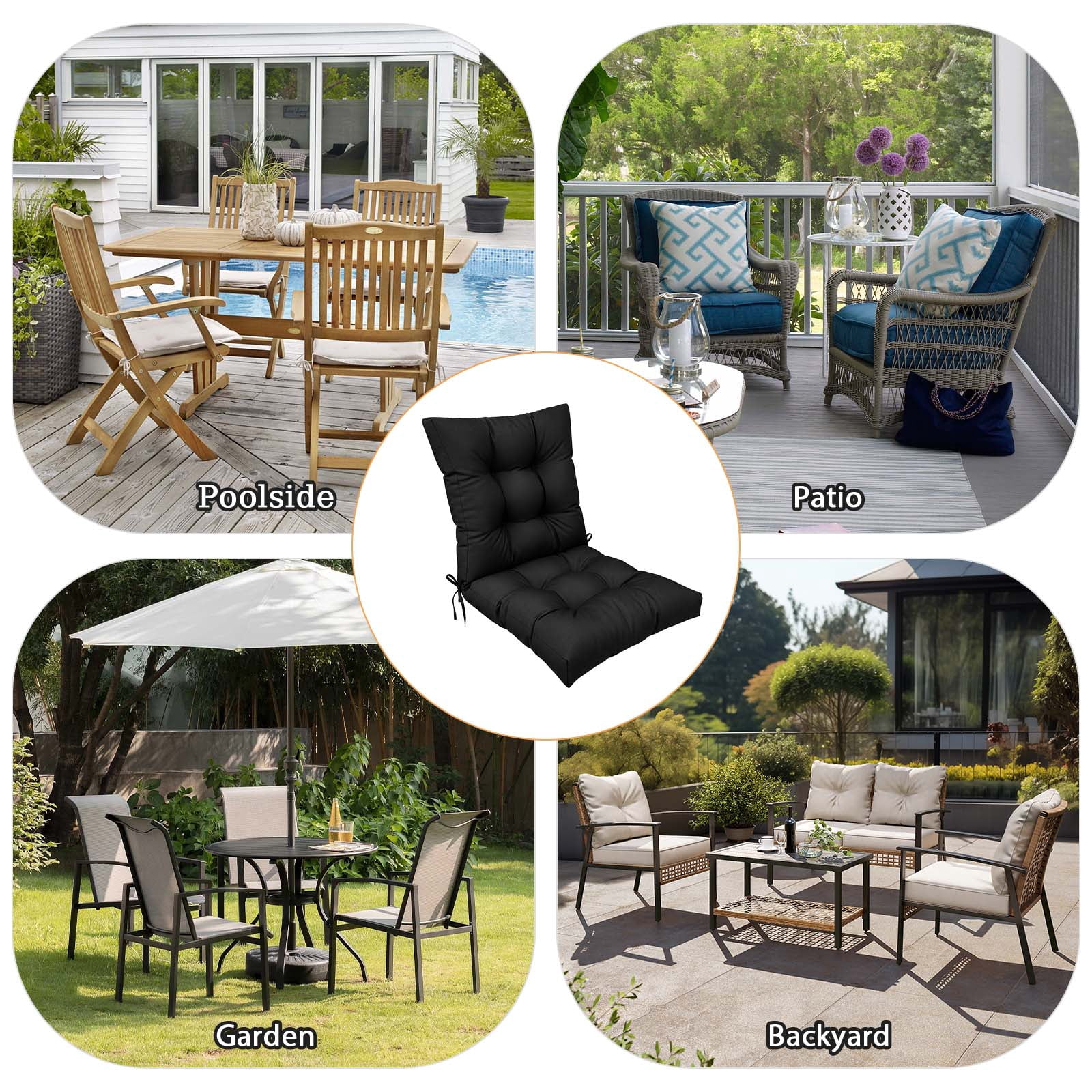 Eurhowing Waterproof Patio Rocking Chair Cushions 1-Piece, 3" Thick Outdoor Chair Cushion with Ties, Non-Slip Seat Pad for Garden Lawn Furniture, 2Pack, Black