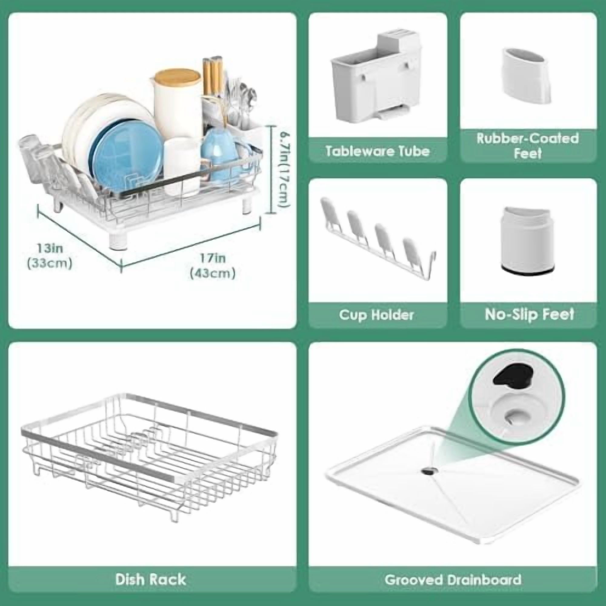 Dish Drying Rack, Dish Rack, Stainless Steel Dish Racks for Kitchen Counter, Dish Drainer with Removable Utensil Holder, Drainboard (White,Stainless Steel,13''W x 17''L)