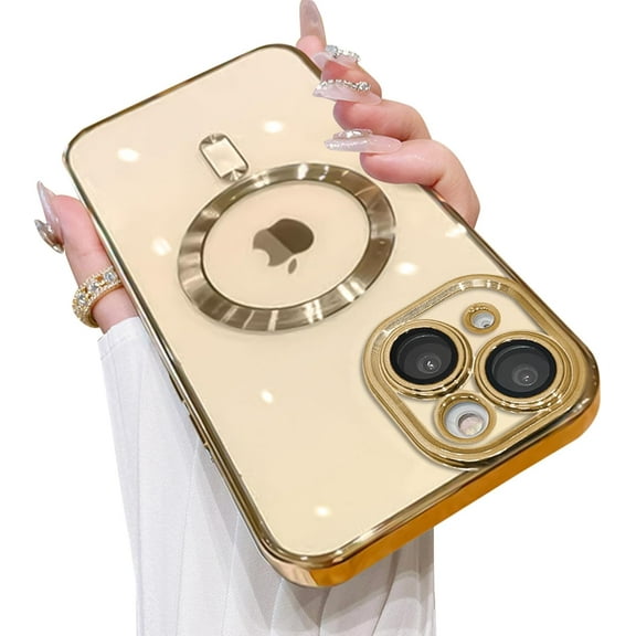 Phone Case Made for iPhone 13 (6.1 Inch) with Camera Lens Protector (Compatible with MagSafe) Anti-Scratch Shockproof Electroplated Slim Phone Cover for Women Men - Gold