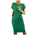 thumbnail image 2 of Siilsaa Womens Short Sleeve Crewneck Striped Basic Solid Tie Waist Office T Shirt Dress Green,2XL, 2 of 2