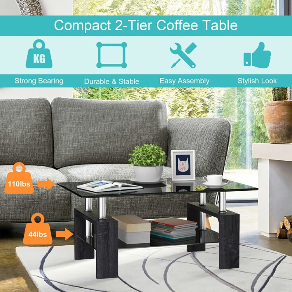 Finihen Wooden Coffee Table, Rectangular Tempered Glass Coffee Table with Shelf, for Living Room, Reception Room, Office, Gray