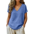 thumbnail image 2 of LIZUOJUN Linen Shirts For Women V-Neck Short Sleeve Blouse Breathable Lightweight Casual Loose Fit Solid Crinkled Gauze Top Summer Beach Bohemian,Blue,L, 2 of 6