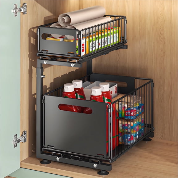Storvive 2-Tier Adjustable Height Pull Out Under Sink Organizer, with Sliding Drawer for Kitchen and Bathroom