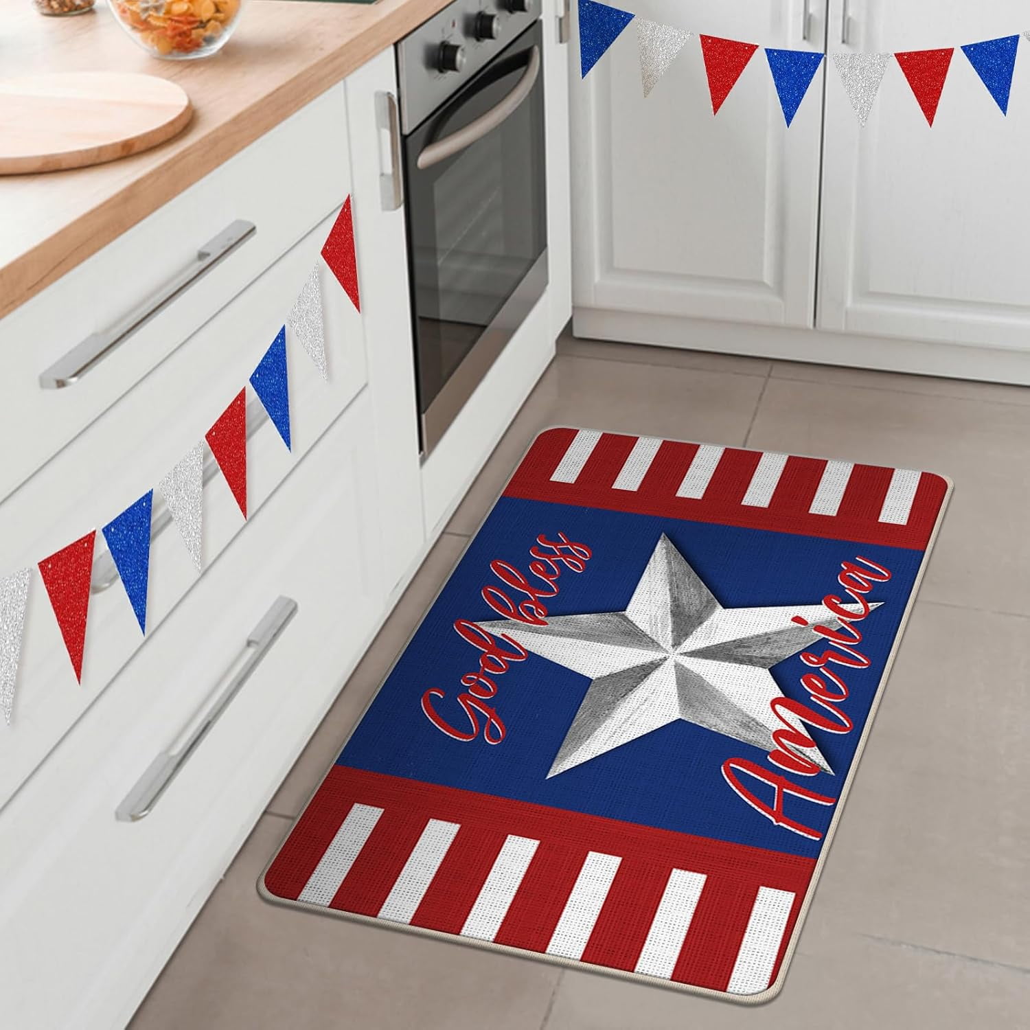 God Bless America 4th of July Patriotic Decorative Front Door Mat, USA Stars Stripes Doormat Indoor Outdoor Non-Slip Floor Entryway Rug, American Home Kitchen Decoration 17x29 Inch
