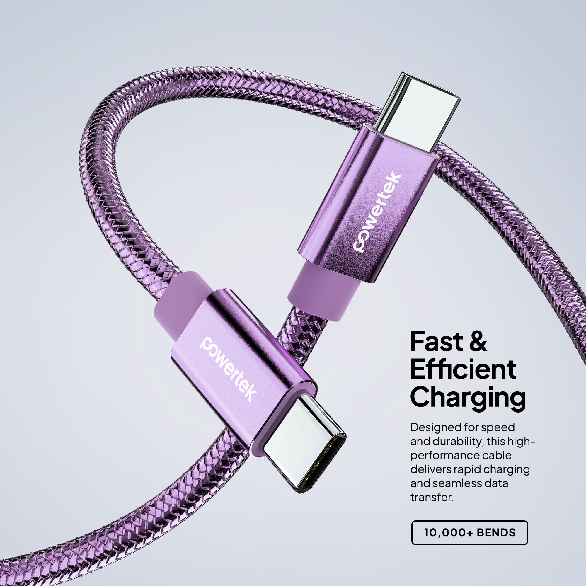 Powertek Luxe 6ft USB-C to USB-C Cable, Purple, Fast Charge & Sync, Metallic Mesh PVC Jacket, Durable Tangle-Free Design