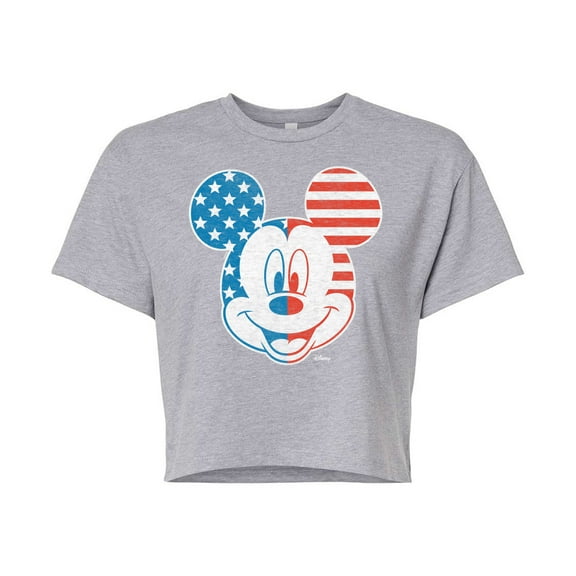 Disney - Americana - Mickey Face Stars And Stripes - Juniors Cropped Cotton Blend T-Shirt