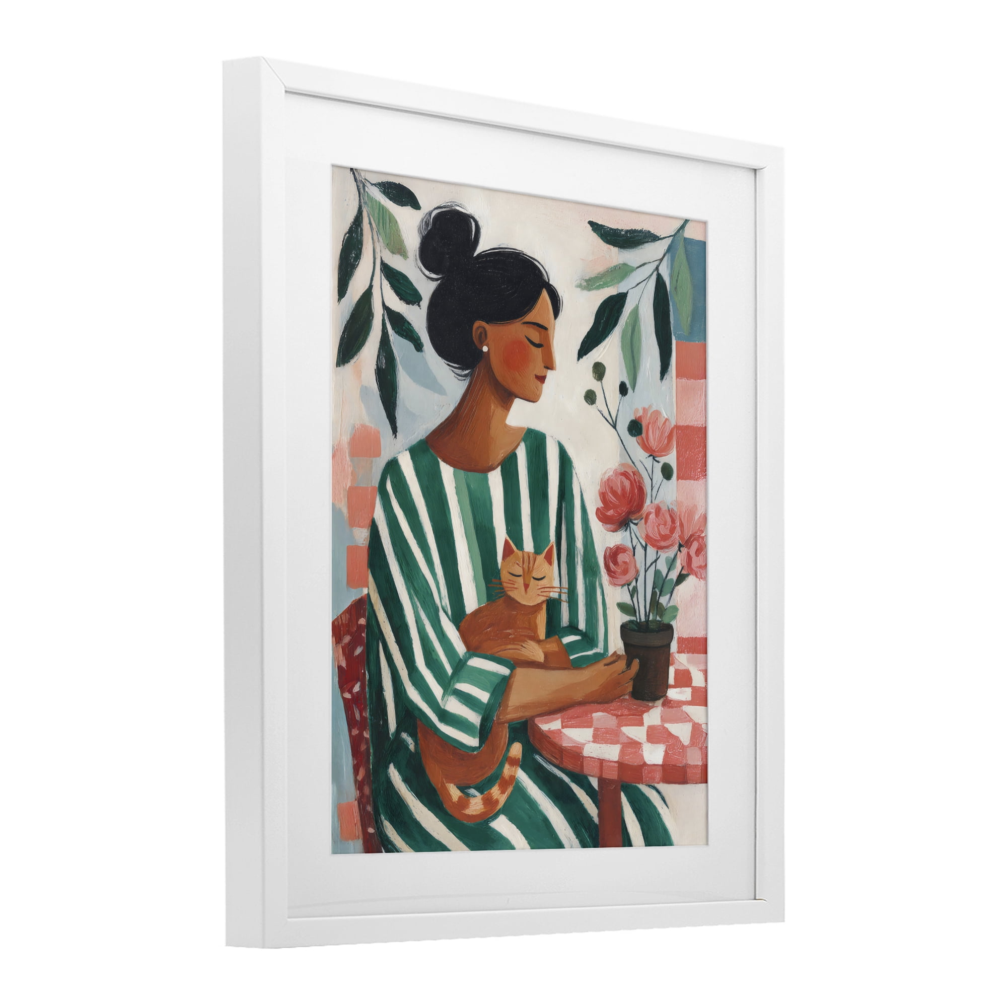 Stupell Industries Cat Lady in Striped Dress White Framed Print Under Glass, design by Sisi and Seb