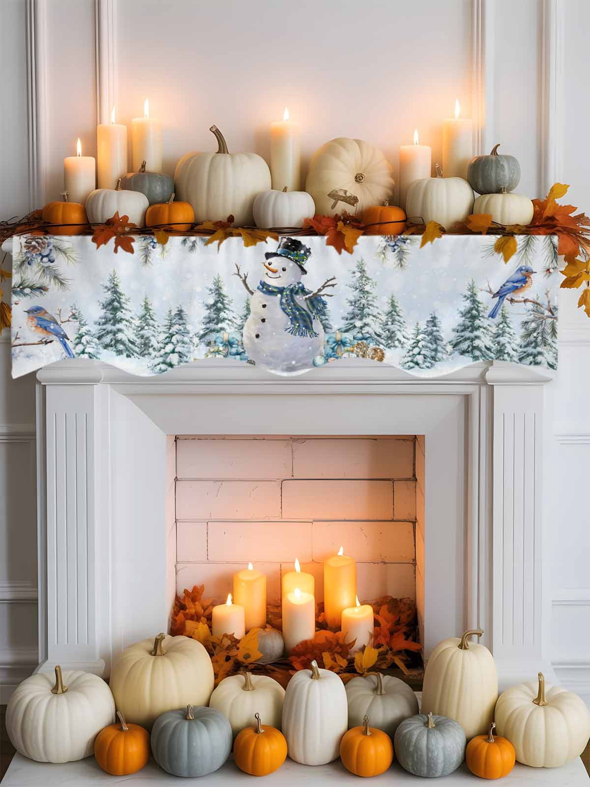 Christmas Snowman Fireplace Mantle Scarf Pine Leaf Forest Birds Berries Blue Snow Mantel Cover Runner Fireplace Cloth for Holiday Party Home Living Room Decor 70 x 17 Inch