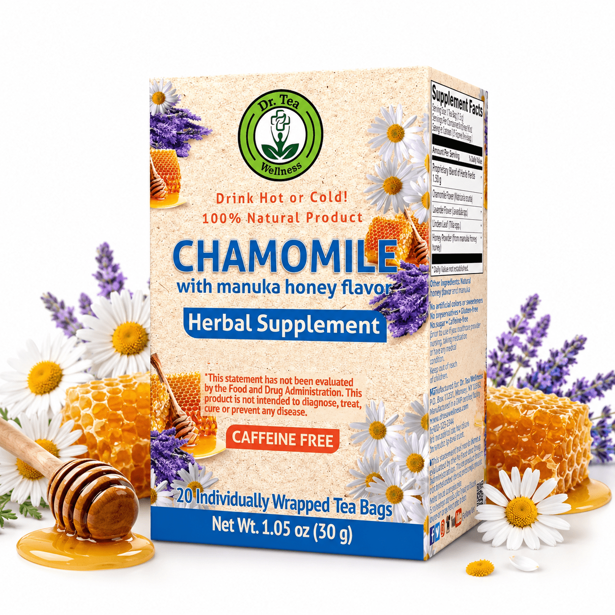 Dr. TEA Chamomile Tea - Manuka Honey Flavor -20 Tea Bags - Caffeine Free Calm Sleep Tea for Relaxation Decaf