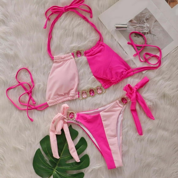 YUTK High Waisted Bikini Sets for Women - Women's Solid Color Swimsuit+Swimming Trunks Sexy and Fashionable Bikini Split Swimsuit - Pink S