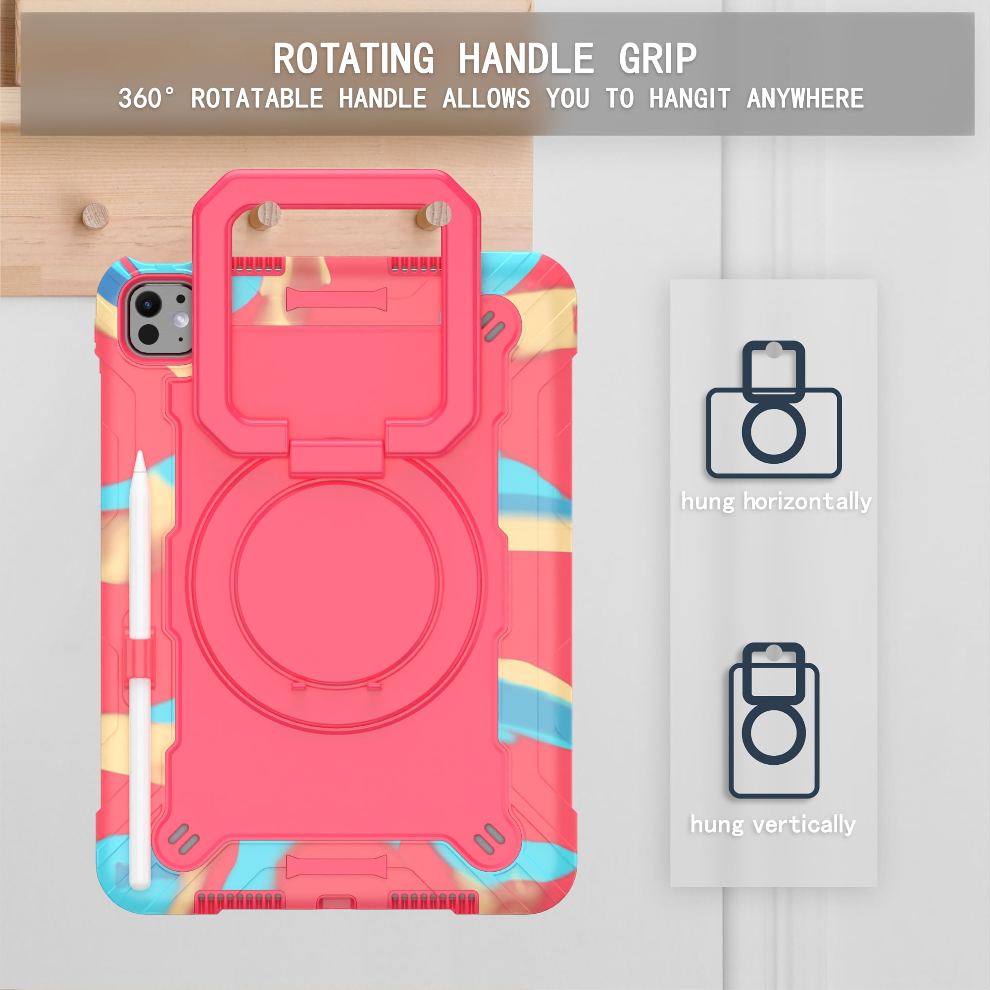 Allytechgroup Shockproof Case for Apple iPad Pro 11 Inch 2024 M4, with Shoulder Strap Pencil Holder Rotating Stand Handle Kids Friendly Heavy Duty Protection Cover for iPad Pro 11" 2024,Colorfol Rose