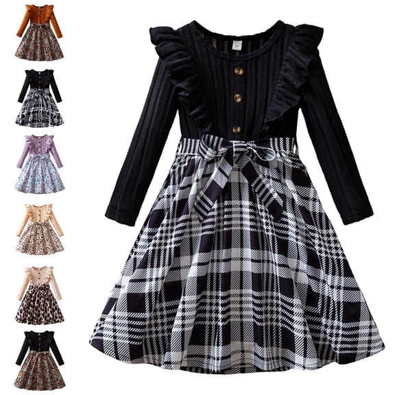 Bmisegm Dresses for Girls Long Sleeve Ruffle Shoulder Contrast Plaid Print A Line Skirt Tie Bow Casual Girls Dress 6-7 Years