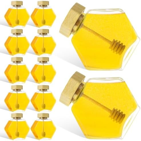 12Pcs Mini Honey Jars with Dipper, 7.7oz Glass Honey Jars, Clear Honey Pot, Hexagon Honey Container Storage for Wedding and Party Favors, Home, Kitchen