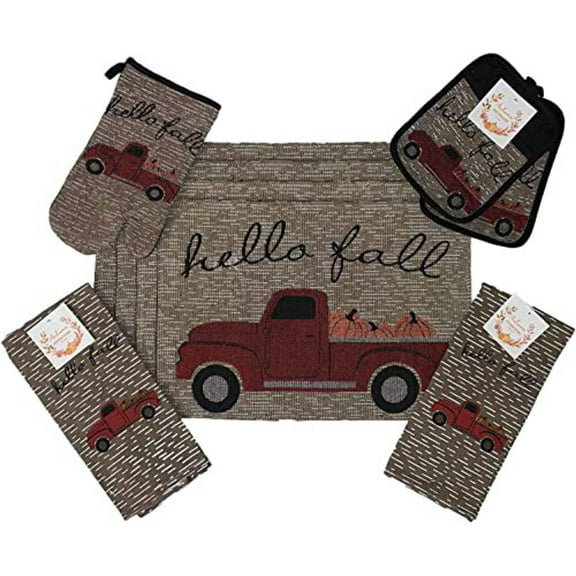 Set of 10, Red Truck with Pumpkin Fall Design Sentiment Hello Fall Tapestry Kitchen Towel Set, Include 4 Placemats, 2 Kitchen Towels, 2 Pot Holder 2 Oven mitt.
