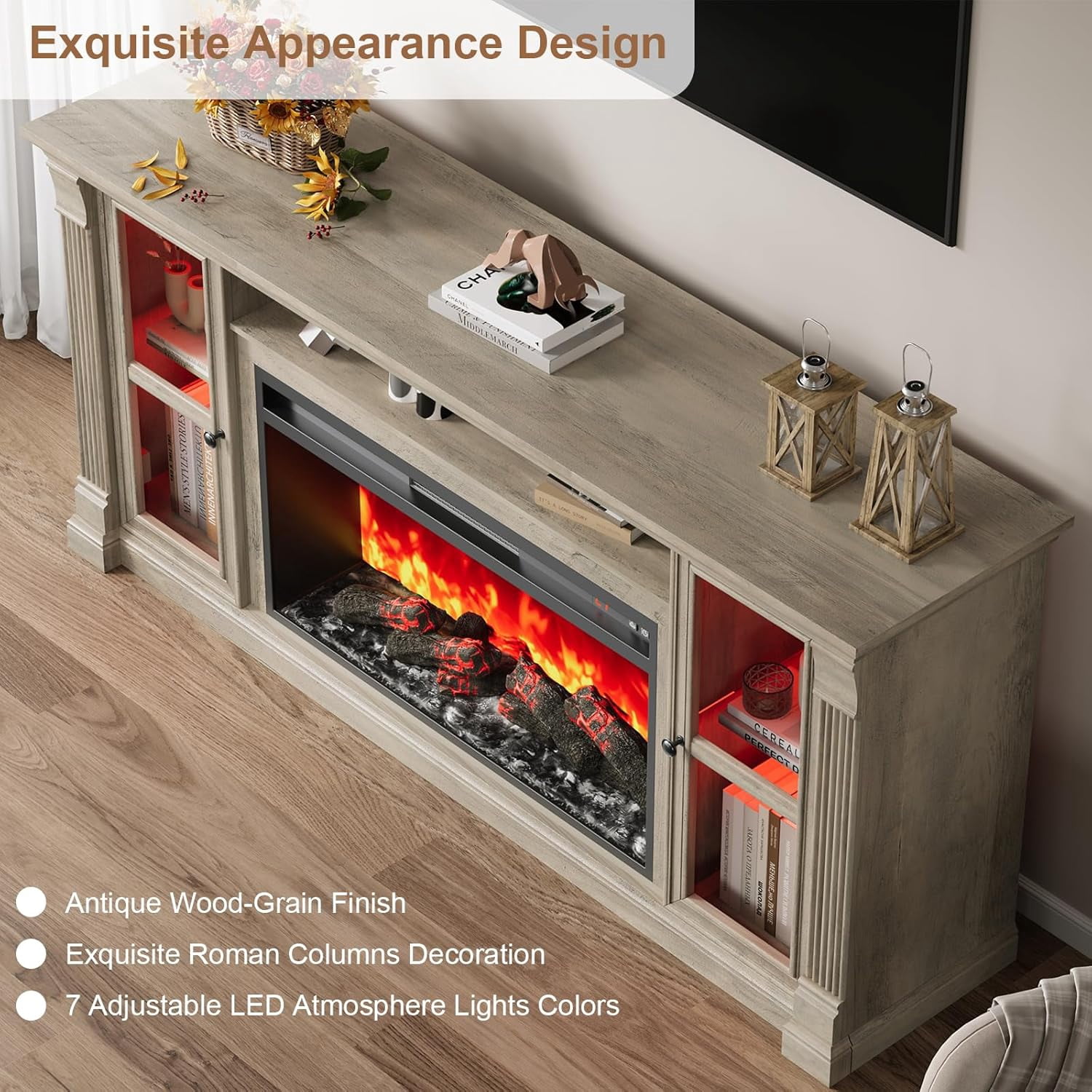 Vecenuy Farmhouse Fireplace TV Stand for 80" TVs, 70" Highboy Entertainment Center w/ 36" Electric Fireplace & LED Lights, Media Console w/ Adjustable Shelves for Living Room Gray