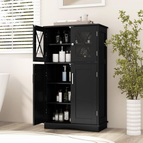 MAT EXPERT Freestanding Storage Cabinet with 4 Doors & 3-Position Adjustable Shelves, Organizer for Bathroom & Living Room, Kitchen (Black)