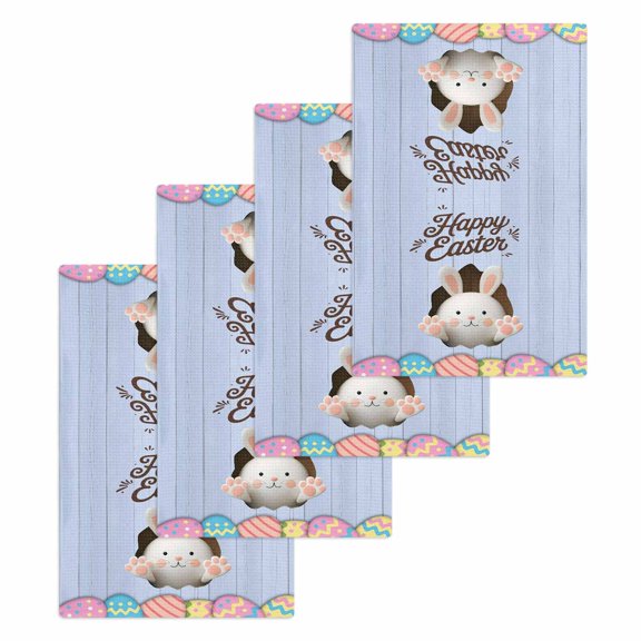 Blue Easter Kitchen Dish Towels for Drying Dishes Set of 4, Spring Cartoon Bunny Colorful Eggs Wood Grain Waffle Weave Microfiber Hand Tea Bathroom Towels Quick Dry & Absorbent Towel 15.7x23.6