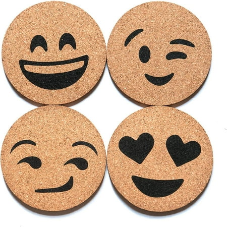

Emoji Cork Round Beverage Bar Coasters Novelty Drink Coaster Set of 4 (Style 1)