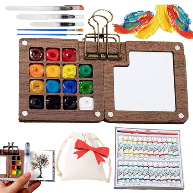 Kit de acuarela TLM de nogal, portátil, de 15 colores, para viaje