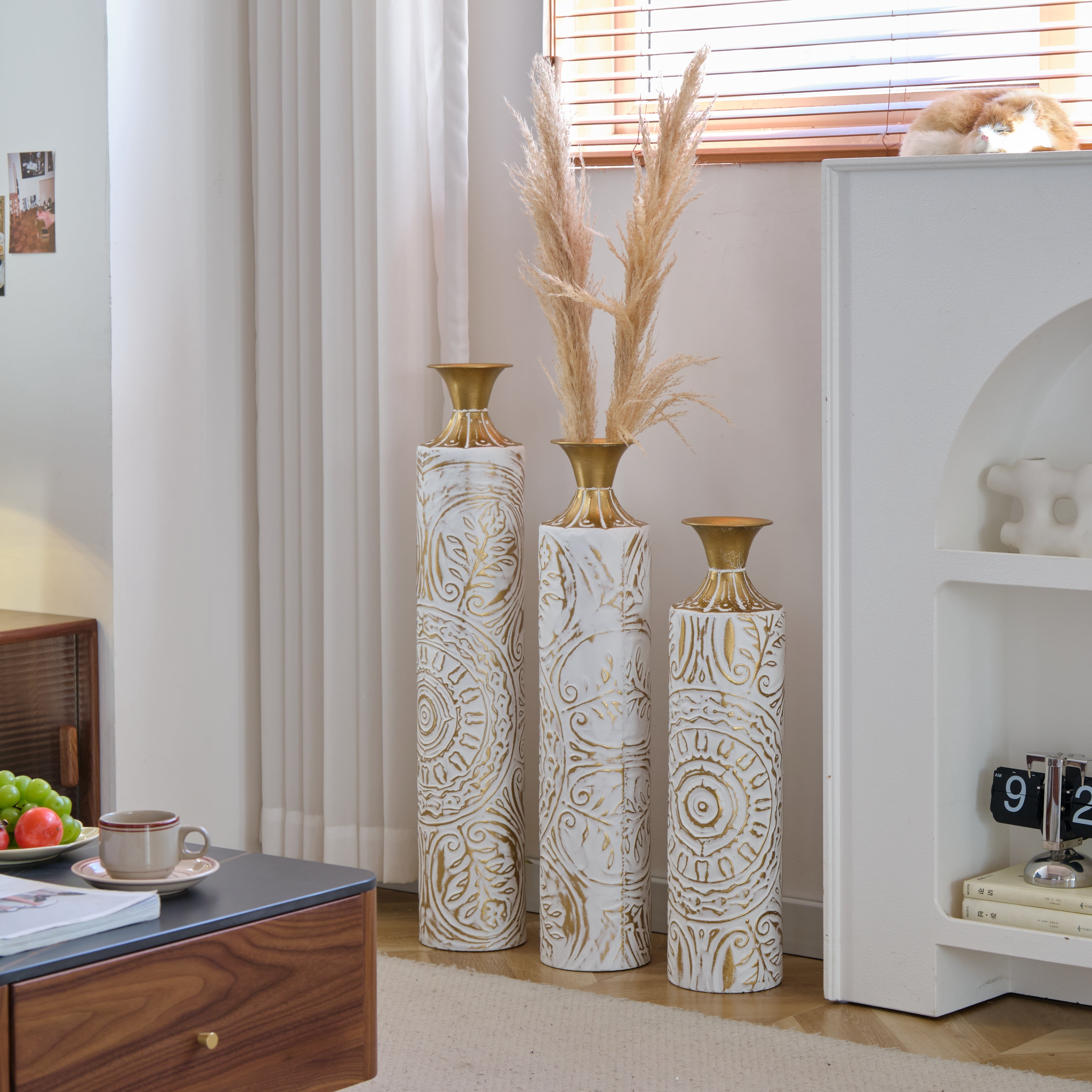 Aukfa Metal Decorative Tall Floor Vase,Set of 3 Large glazed Vases,24"/ 28.7"/33.5" H,White