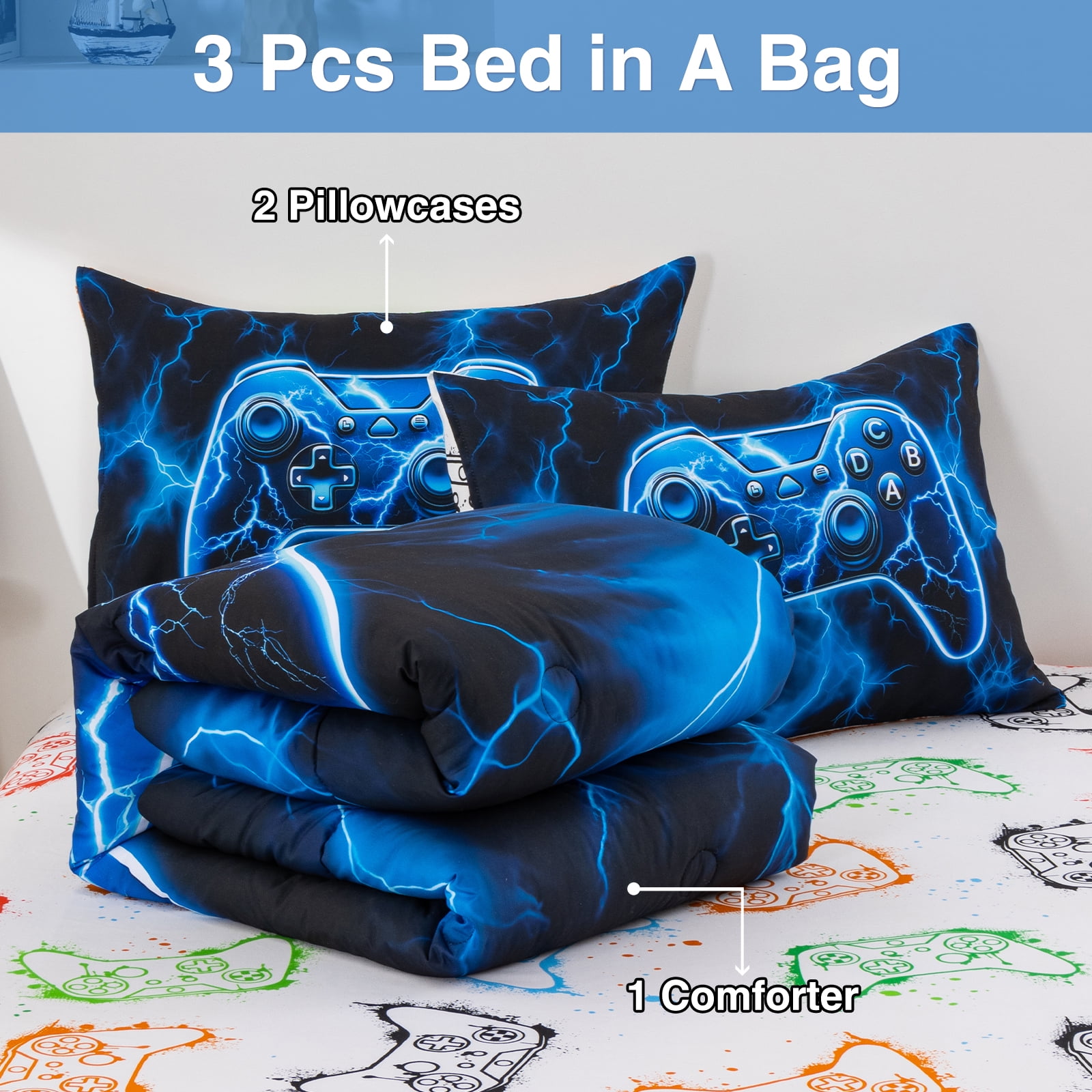Btargot 3 Piece Gamer Boy Twin Comforter Set Blue Lightning Game Controller Print Kids Bedding Set