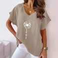thumbnail image 2 of Jewelreauty Women's Short Sleeve Shirts Summer Casual Batwing V Neck Floral Tops Loose Cotton Linen Tees (3XL, Khaki), 2 of 6