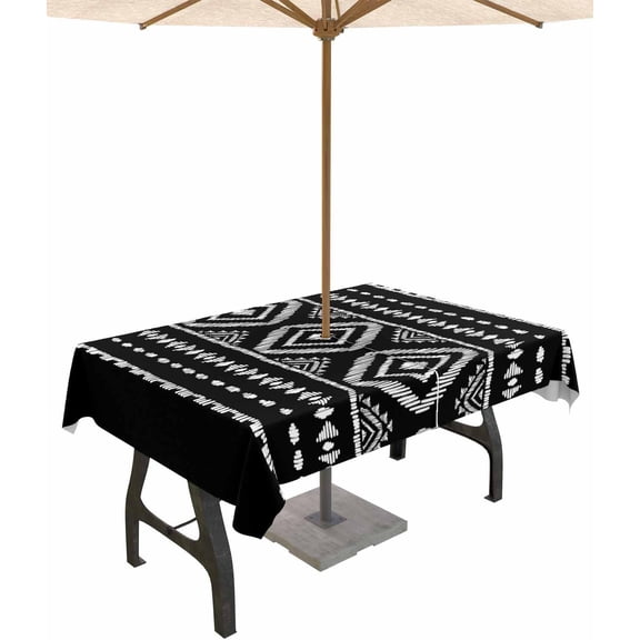 Outdoor Tablecloth with Umbrella Hole and Zipper Black Boho Rectangle Outdoor Tablecloths 60x84 Waterproof Table Cloths Bohemian Style Patio Table Cloth Cover for Outdoor Tables Picnic Garden