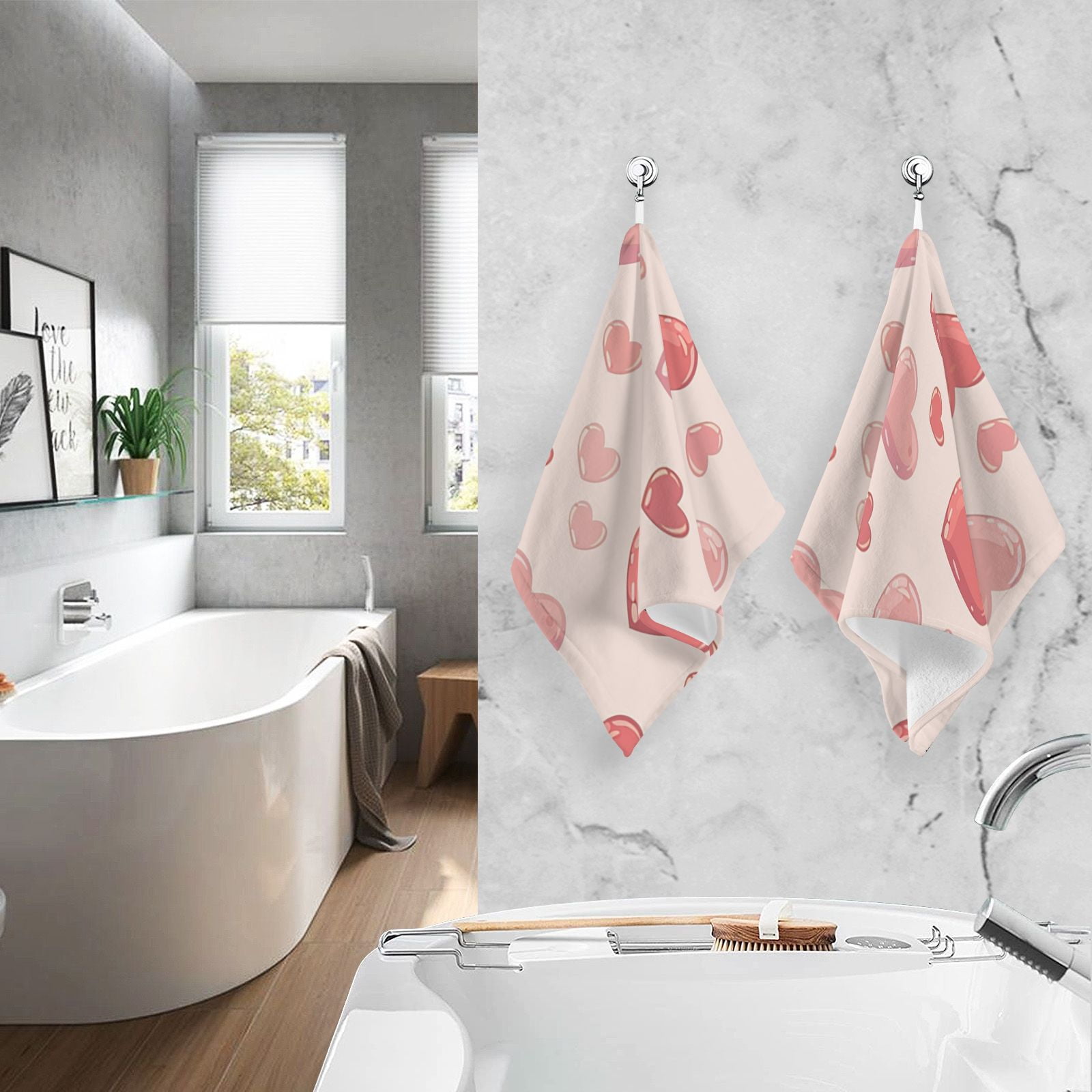 Red and Pink Hearts Hand Towels Cotton Bath Towels Large Face Towels Absorbent for Bathroom 2 Packs