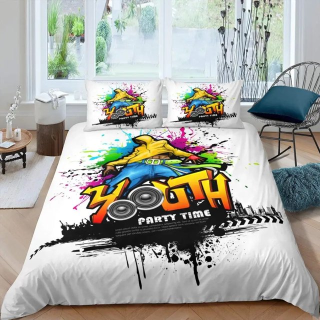 Housse de Couette Rock Musique Très Grand Ensemble de Literie Jazz Musique pour Adolescents Housse de Couette Graffiti Hip Hop Notes de Musique Polyester
