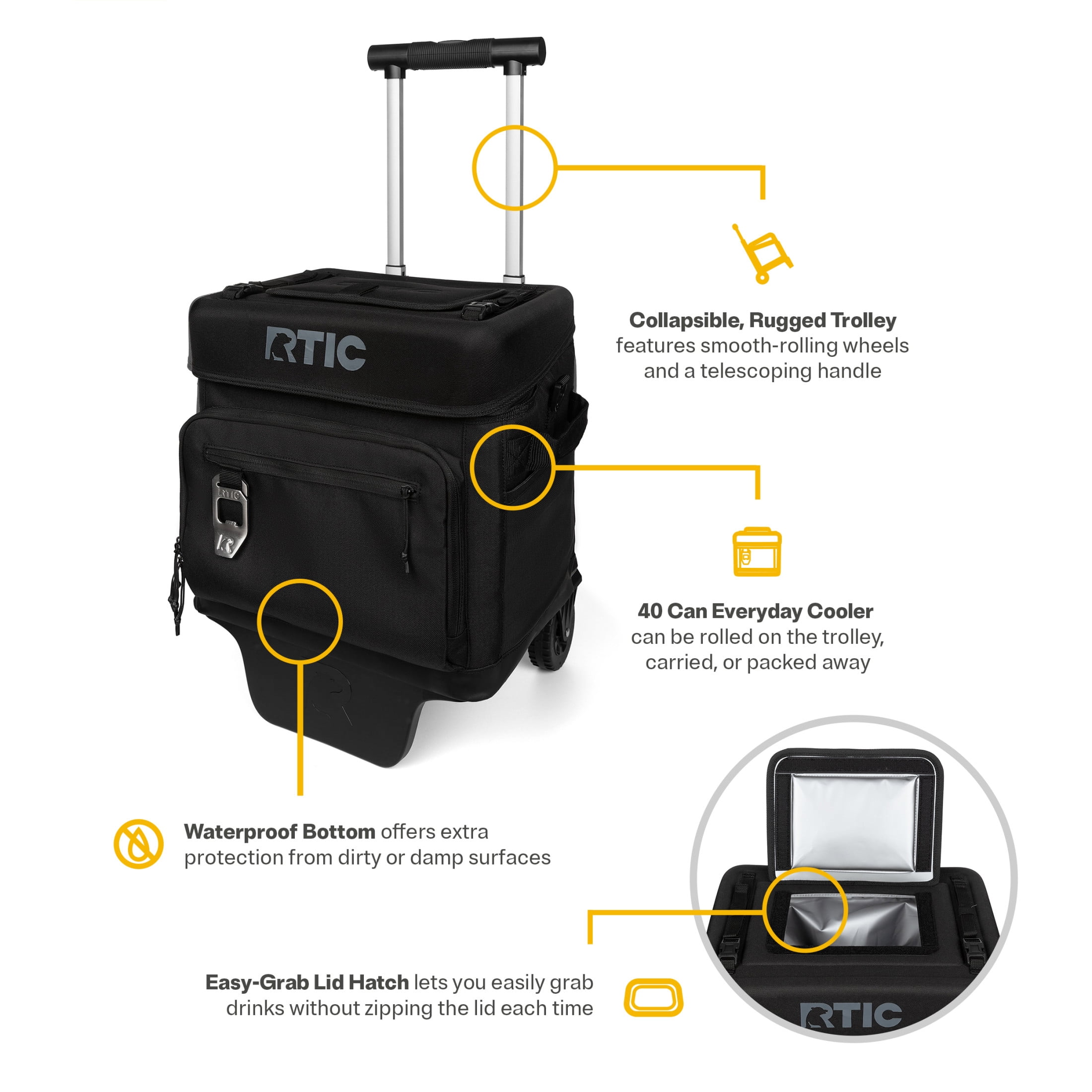 RTIC 40-Can, 21 Qt, Collapsible Wheeled Cooler with Bottle Opener, Black