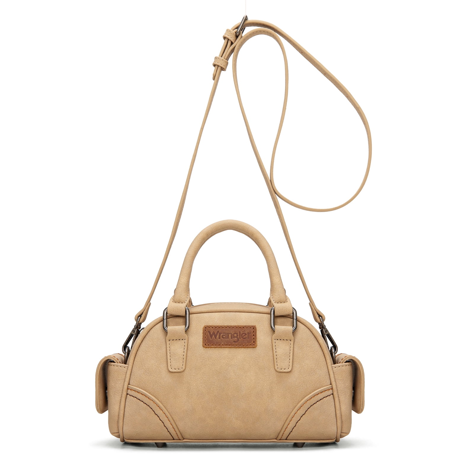 Wrangler Small Crossbody Purses for Women Boston Barrel Bag Mini Top Handle Bags with Crossbody Strap, Tan