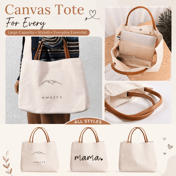 Reusable Tote Bag, Beach Tote Bag, Grocery Tote Bag, Tote Bag for Travel, 13X11X6 Inch Large Capacity Canvas Shoulder Tote with Faux Leather Top Handles, Printed with "Awaits"